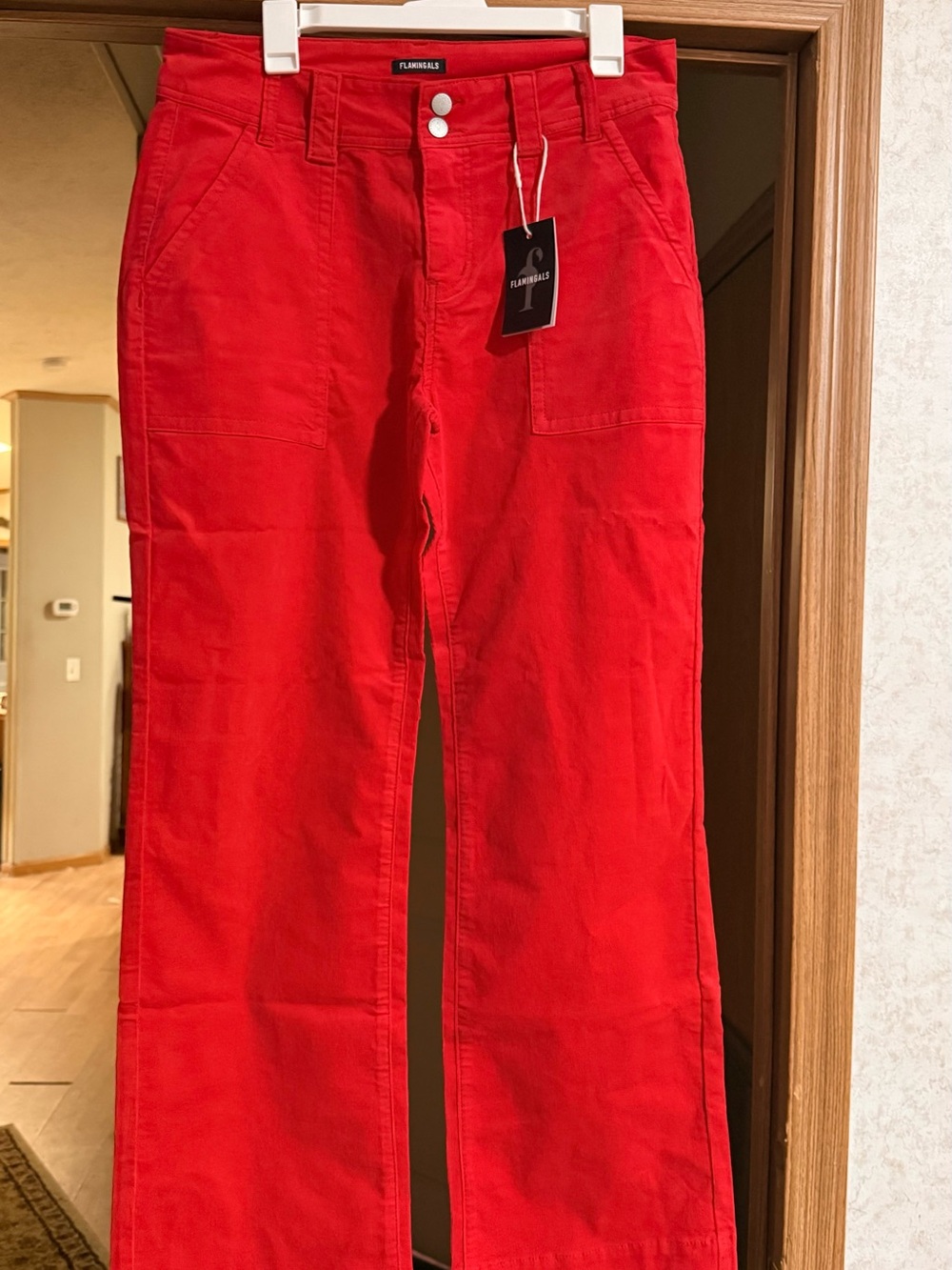 Red Women’s Straight-Wide Leg corduroy pants.